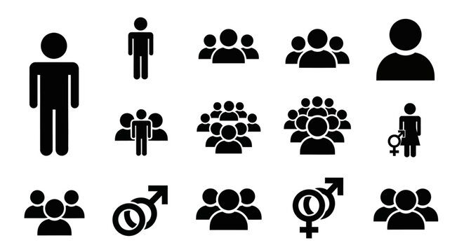 Collection of diverse people icons representing individuals and groups, male and female symbols