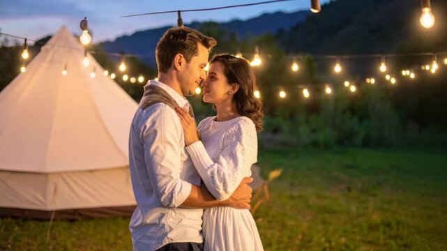 Romantic couple embracing under string lights at a cozy outdoor glamping site
