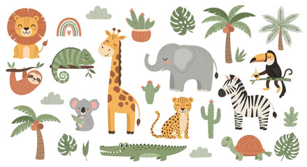 Fototapeta premium Set of cute wild safari animals and tropical plants illustrations.