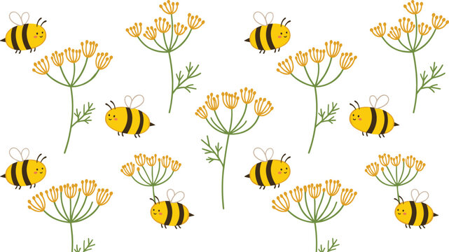 Cute cartoon honey bees flying around yellow wildflower plants nature spring summer garden pattern bumblebee meadow botanical floral background insect pollination organic honey production vector