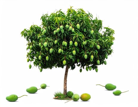 Mango Tree with Green Raw Fruits Isolated on White Background, Organic Agriculture and Tropical Fruit Concept