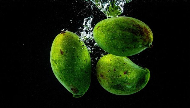 Raw green mangoes falling in water with splash on black background, fresh unripe mango fruit underwater, organic tropical fruit