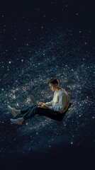 Fototapeta premium Person sitting in starry space reading book, imagination and knowledge concept, learning as infinite universe, creativity and dreamlike surreal scene.