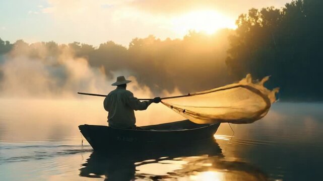Fisherman in boat with net at misty sunrise on calm lake