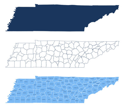 Tennessee Counties Map with Labels &ndash; State Silhouette and County Boundaries Vector