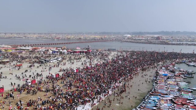 Aerial View of Maha Kumbh Mela Crowd at Sangam in Prayagraj India