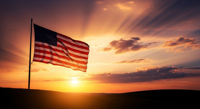 American flag waving, sunset landscape, patriotic scene, USA flag