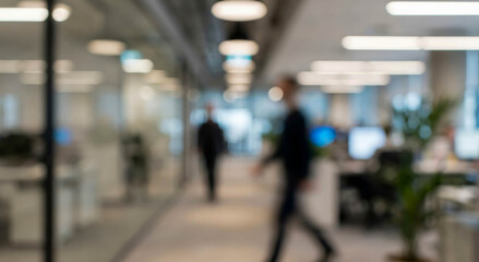 Obraz premium A blurred view of a modern office environment featuring employees walking past open workspaces and plants, illustrating a dynamic professional atmosphere.