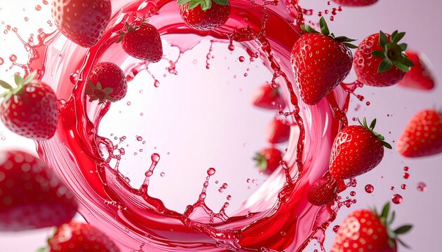 Strawberry Liquid Circular Swirl Frame with Hanging Berries, High Resolution 3D Rendering. Shiny red liquid motion with dynamic circular composition, clean advertising style, isolated background, prem