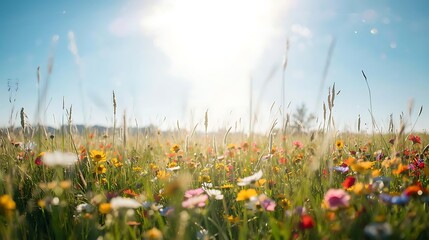 Sunlit countryside meadow bursting with multicolored blossoms, gentle beams of light filtering through the atmosphere, airy sky in vivid blue tones, delicate bokeh sparkle creating a whimsical feel © MdSafiul