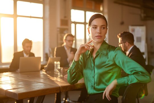 Businesswoman in green shirt in modern office with colleagues working meeting room business mee