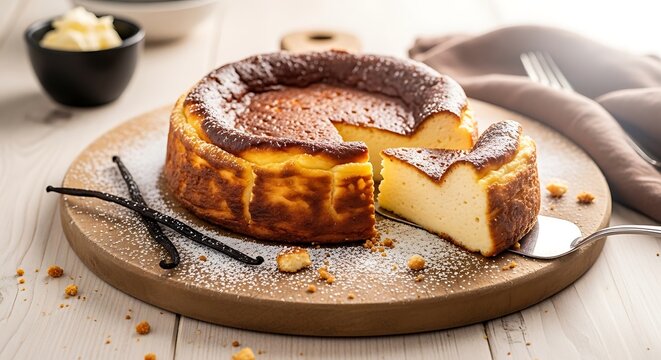 Delicious cheesecake with purple crust on wooden plate
