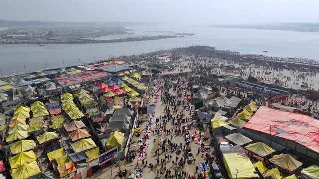 Aerial View of Maha Kumbh Mela Crowd at Sangam in Prayagraj India