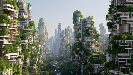 Fototapeta premium Futuristic city skyline with lush greenery and sustainable architecture, envisioning a harmonious blend of nature and urban development