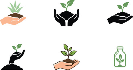 Obraz premium Ecological growth vector icon set featuring hands holding plant seedlings soil and green environment sustainability elements.
