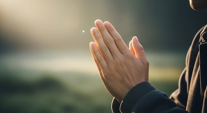 Person praying with hands together outdoors.