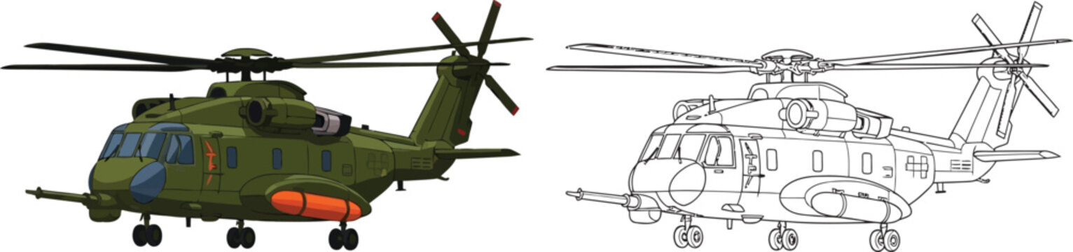 Green military helicopter with orange fuel tanks isolated on white background vector illustration and line art