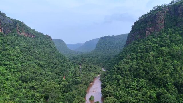 Aerial shot of dense forest and rolling hills in Rohtas Bihar India