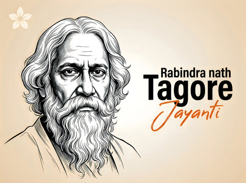 Portrait of rabindranath tagore on a beige background with text