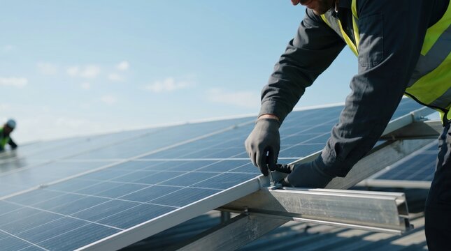 Worker installing solar panel on roof, tightening bolts for green energy system