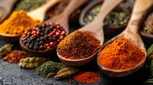 assortment of indian spices in wooden spoons vibrant colors close up studio shot high quality professional detailed modern elegant stylish clean