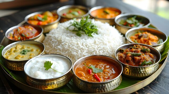 Authentic bengali thali with basmati rice dal and various curries served in metal bowls high quality professional detailed modern elegant stylish