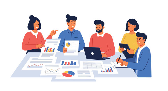 A diverse team of professionals collaborates around a table, analyzing colorful business charts and reports to strategize for company growth.