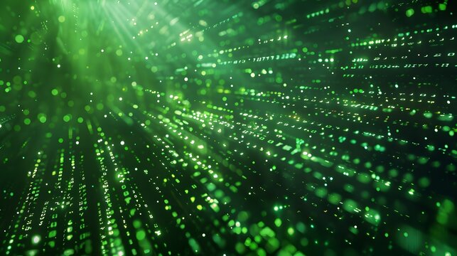 Glowing green binary code rain in 3d digital data stream with falling numbers and abstract light effects high quality professional detailed