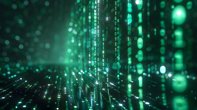 3d render of glowing green binary code rain falling on a dark background digital data stream high quality professional detailed modern