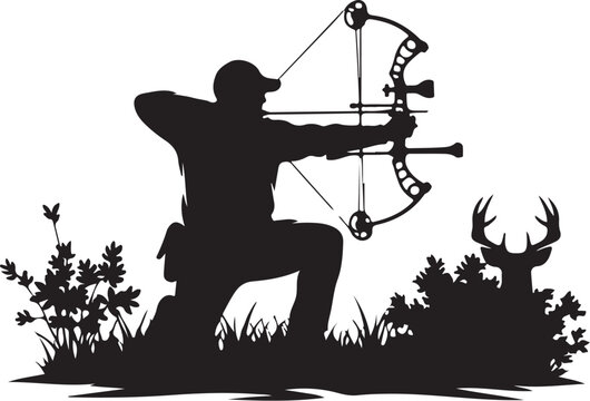 Black silhouette hunter with compound bow, archery equipment, hunting gear, outdoor recreation vector