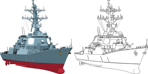 Modern warship and its blueprint outline detailed naval destroyer illustration for military or defense concepts isolated on white © Naveed