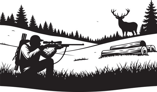 Hunting scene, deer hunting, bow and arrow, outdoors, wildlife, vector illustration
