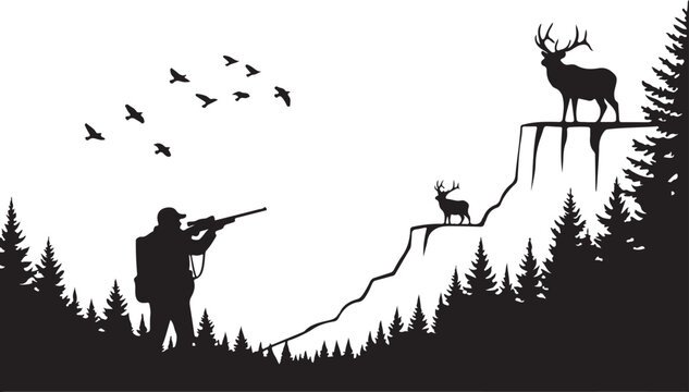 Hunting, outdoors, silhouette, black, vector, illustration, wildlife, deer, hunter