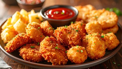 Fototapeta premium Crispy fried chicken nuggets with fries.