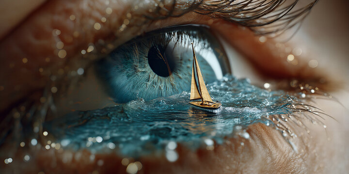 Surreal portrait of vessel on eyelid. Miniature boat sailing across luminous blue iris surface