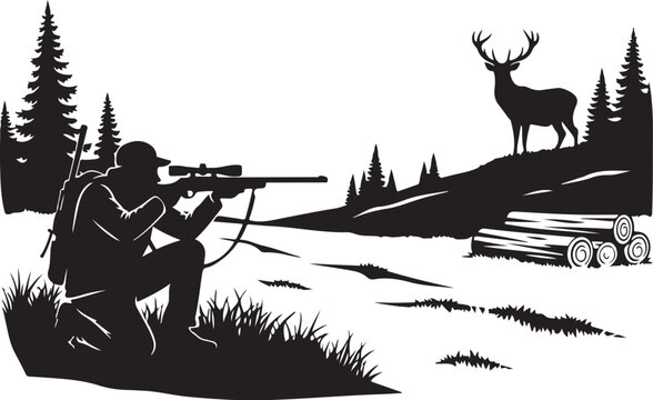hunting, deer hunting, silhouette, outdoors, vector, black and white, wildlife, hunter, rifle