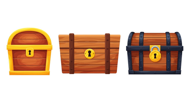 Collection of antique wooden treasure chests with ornate golden locks and handles on a white background