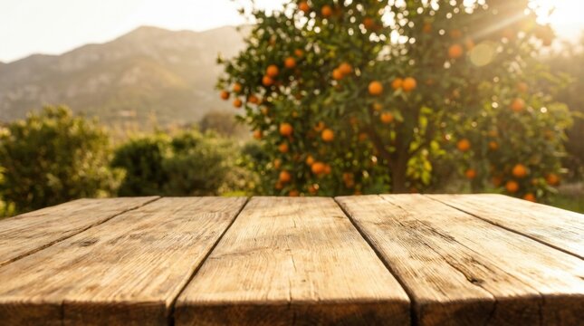 Empty rustic wooden table surface overlooking a sunny citrus orange orchard at golden hour for product display and marketing