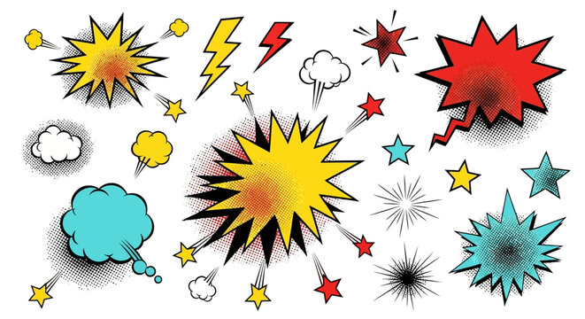 A vibrant collection of comic book style explosion and speech bubble graphics