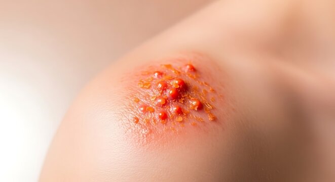 Shingles or Herpes Virus Skin Rash with Red Blisters and Scabs on Human Shoulder