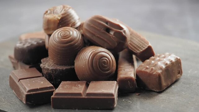 Different types of chocolate on a wooden surface