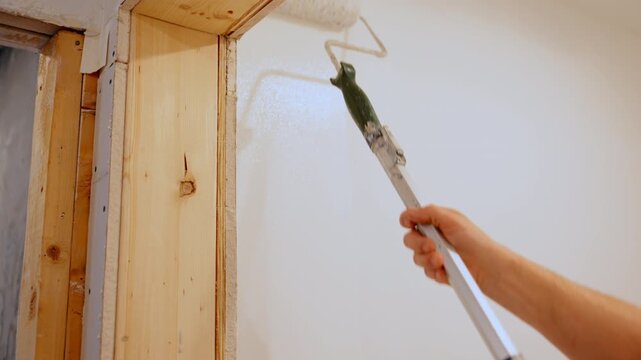 Worker painting wall with brush roller close to the door frame. Interior renovation and home improvement process