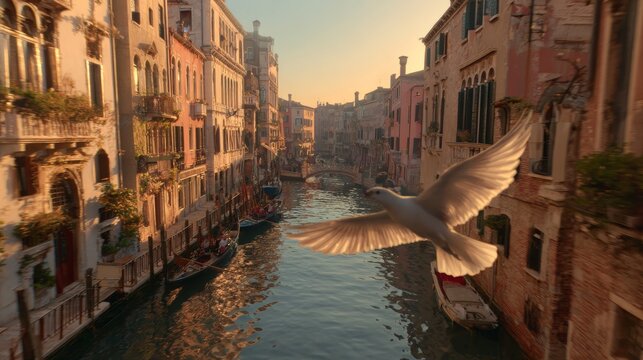 Scenic view of a seagull in flight above a narrow canal in Venice, Italy, with classic waterfront architecture, gondolas and boats, and warm sunset light
