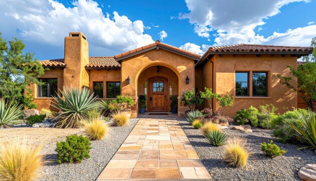 An ancient stone door serves as the historic entrance to this old residential house in a traditional European town featuring classic architecture and a garden with flowers under a clear sky
