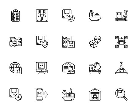 Customs and exports icon set. Minimalist vector pack. Featuring clipboard, box, ship, forklift, calculator, warehouse, delivery, computer, mobile, search and more. Editable stroke.