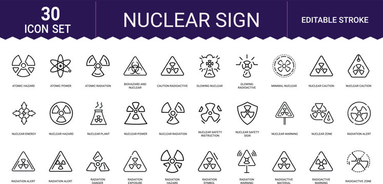 Nuclear sign icon set with atomic hazard radiation alert and caution radioactive symbols.