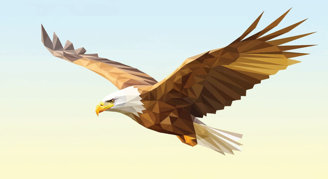American bald eagle flying, brown and white wings spread wide, soaring bird vector, freedom symbol