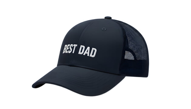 Dark blue trucker hat with best dad embroidery isolated on transparent background