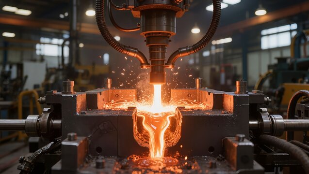 Molten metal pouring into a mold from an automated industrial machine with bright sparks in a factory. Concept of metallurgy, heavy industry manufacturing, and advanced robotic engineering