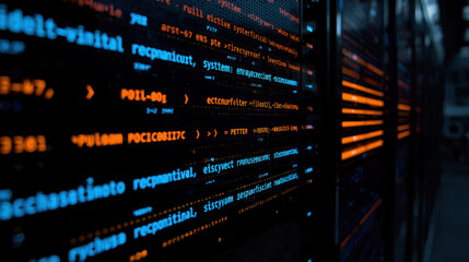 Fototapeta premium Encrypted system code on server rack with layered lighting highlights and moody glow